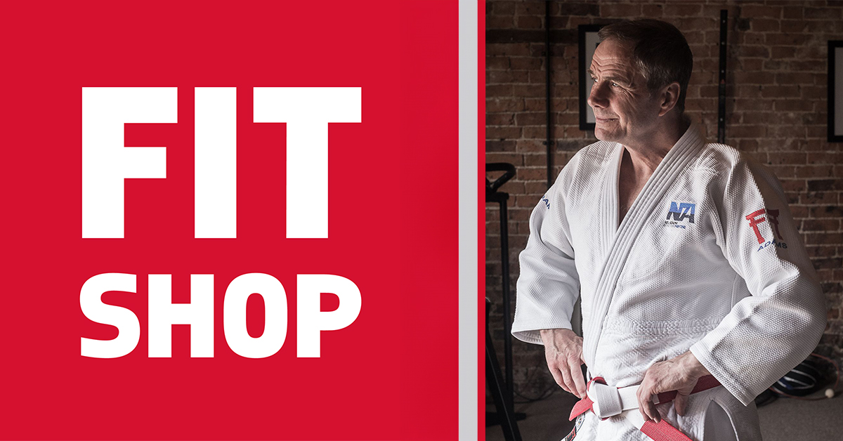 Photo of Neil Adams MBE in a custom judogi beside a logo of Fitshop